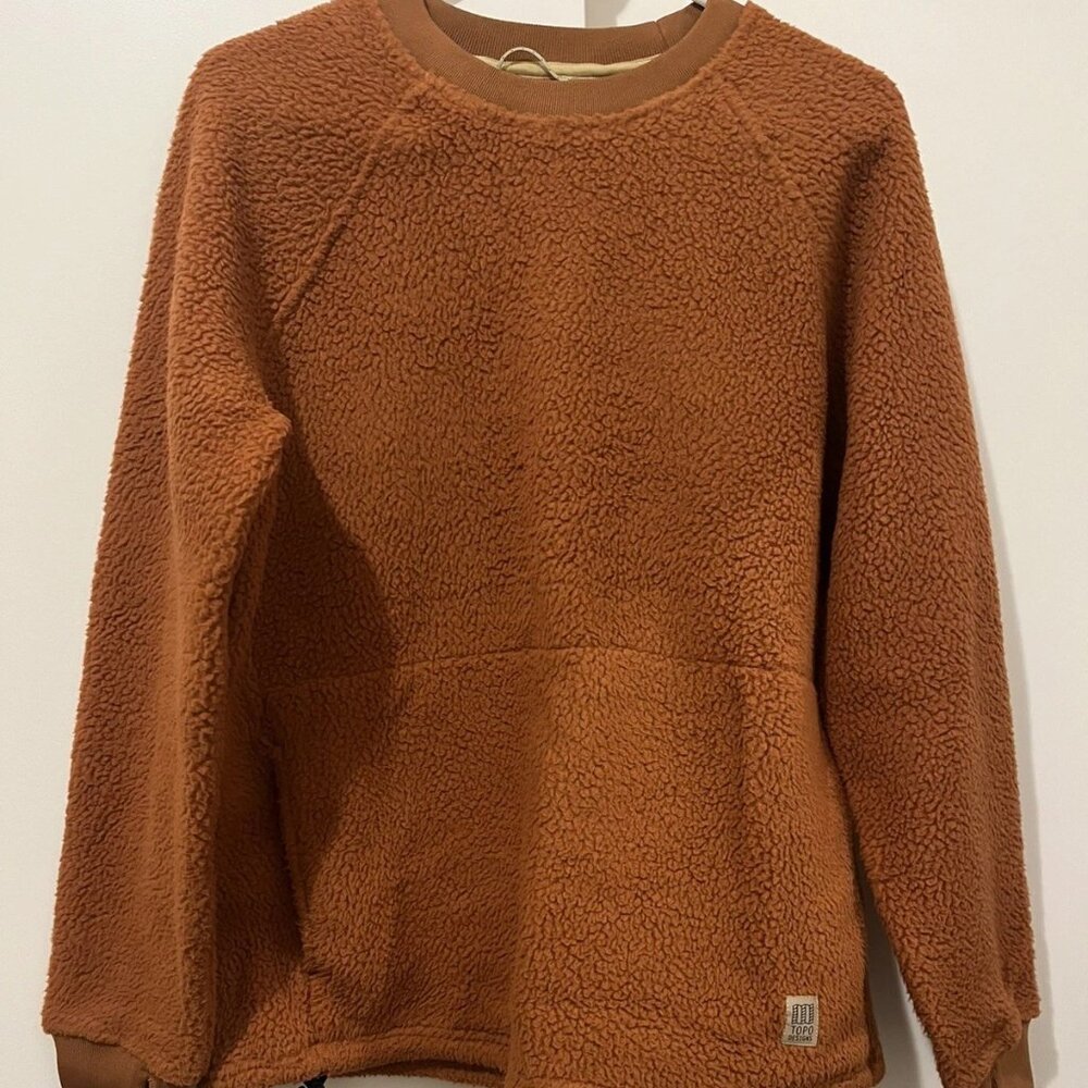 Topo Designs Mountain Fleece Crew Mens Medium Orange Kangaroo Pocket, Thumbholes